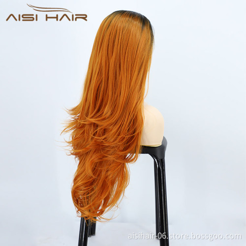 Aisi Hair High Quality 28 Inch Body Wave Curly Long Wavy Ombre Orange Lace Frontal Synthetic Hair For Black Women Lace Front Wig